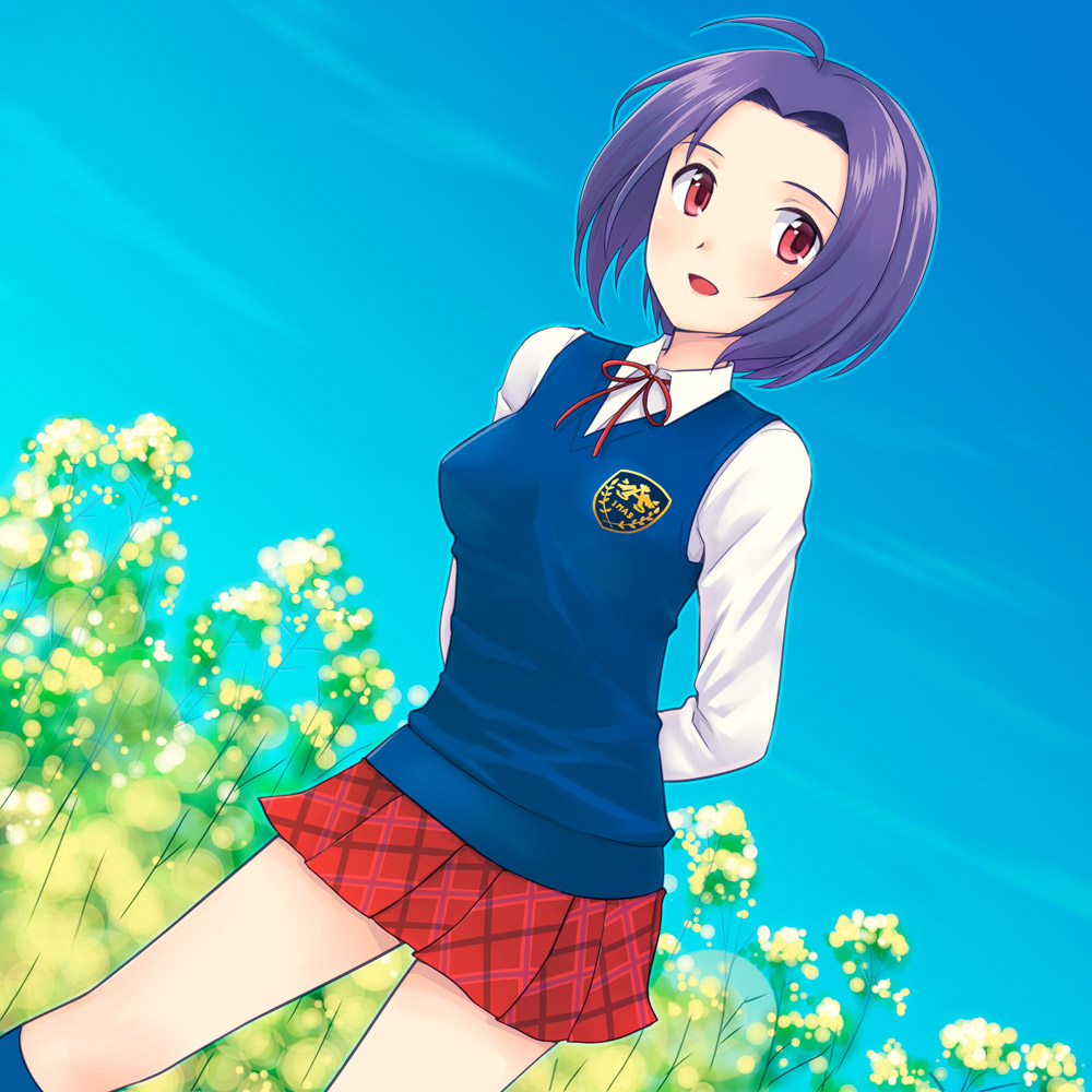 ahoge, arms_behind_back, dress_shirt, flower, idolmaster, idolmaster_2, inusaki, kneehighs