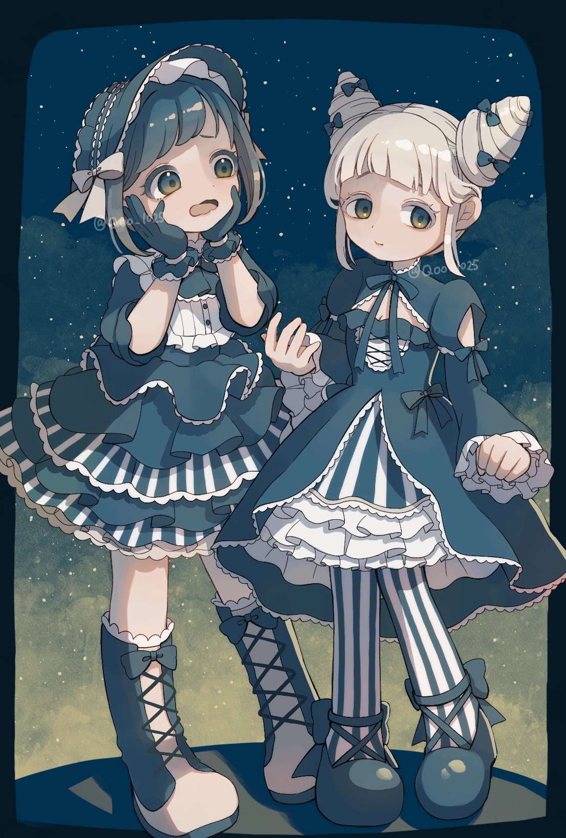 2girls, black_border, blunt_bangs, bonnet, boots, border, bow, commentary_request, cone_hair_bun, double_bun, dress, frilled_dress, frilled_sleeves, frills, fukurai_azami, full_body, gloves, hair_bow, hair_bun, hands_on_own_cheeks, hands_on_own_face, hands_up, highres, knee_boots, limited_palette, lolita_fashion, long_sleeves, looking_at_another, multiple_girls, neck_ribbon, open_mouth, qoo_1025, ribbon, shoes, short_hair, smile, standing, tomarigi_yasumi, toshi_densetsu_kaitai_center