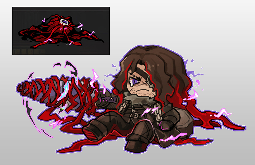 1boy, boots, brown_boots, brown_coat, brown_hair, brown_pants, chibi, closed_mouth, coat, crying, electricity, eyepatch, flaw_eight, full_body, heathcliff_(project_moon), holding, holding_sword, holding_weapon, limbus_company, long_hair, lying, male_focus, on_back, pants, peccatulum_invidiae, project_moon, solo, sword, violet_eyes, weapon, wuthering_heights_(identity)_(project_moon)