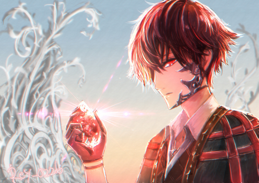 1boy, black_gloves, blood_bead, brown_hair, code_vein, collared_shirt, gloves, hair_over_one_eye