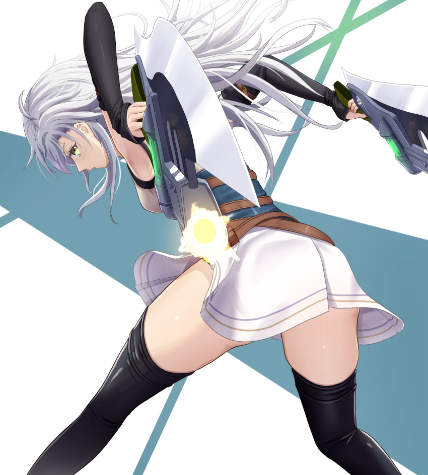 1girl, armpits, black_socks, clothes_lift, detached_sleeves, dual_wielding, eiyuu_densetsu, fie_claussell, floating_hair, green_eyes, gunblade, highres, holding, holding_weapon, kneehighs, kuro_no_kiseki_(series), kuro_no_kiseki_i, long_hair, sidelocks, simple_background, skirt, skirt_lift, socks, solo, thighs, two-tone_background, weapon, white_hair, witch_f