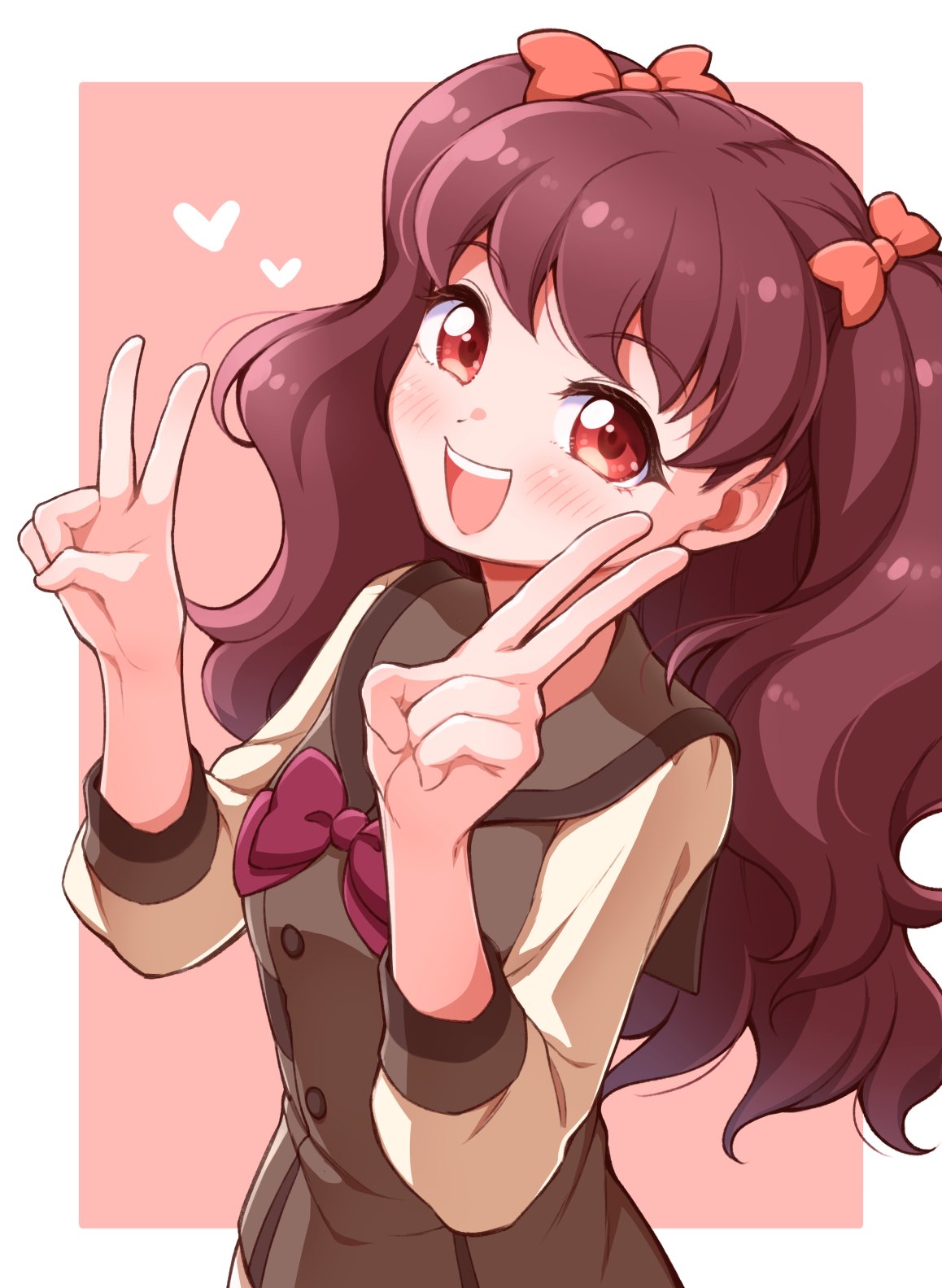 1girl, :d, arakawa_tarou, bow, bowtie, brown_vest, collared_vest, commentary_request, double_v, hair_bow, hands_up, highres, kanie_(precure), long_hair, looking_at_viewer, open_mouth, precure, purple_bow, purple_bowtie, red_bow, red_eyes, red_hair, school_uniform, second_wangan_school_uniform, shirt, smile, solo, teeth, three-quarter_sleeves, twintails, two_side_up, upper_teeth_only, v, very_long_hair, vest, wonderful_precure!, yellow_shirt