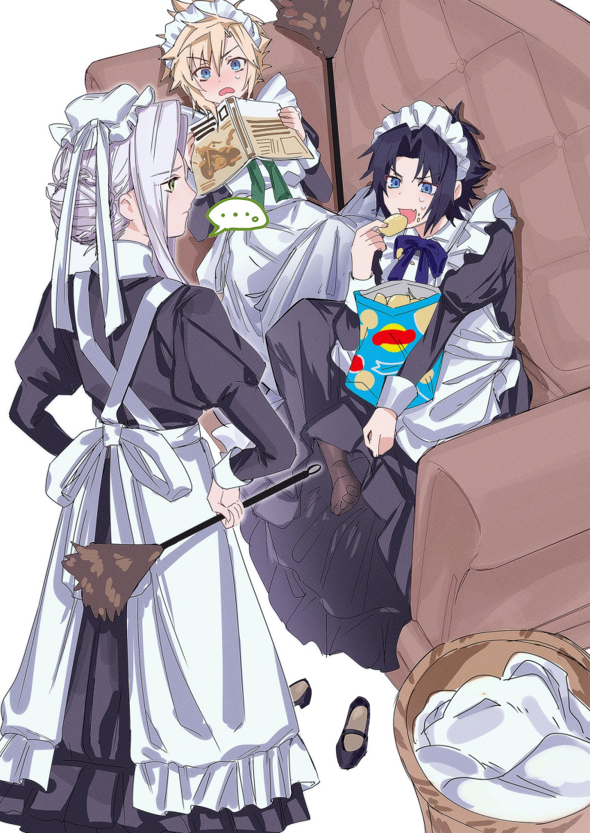 3boys, alternate_costume, alternate_hairstyle, apron, black_dress, black_shoes, blonde_hair, blue_eyes