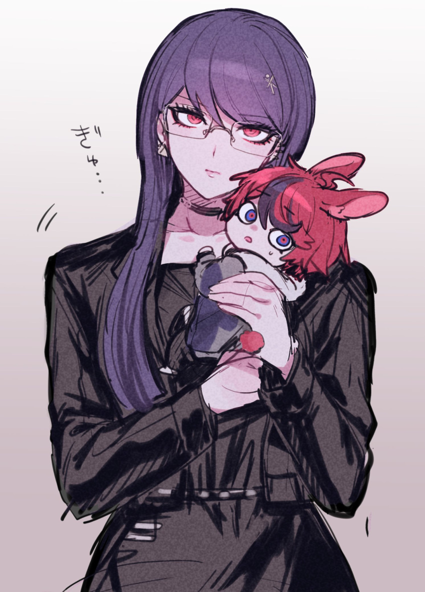 1boy, 1girl, ahoge, animal_ears, black_choker, black_jacket, black_shirt, black_streaks