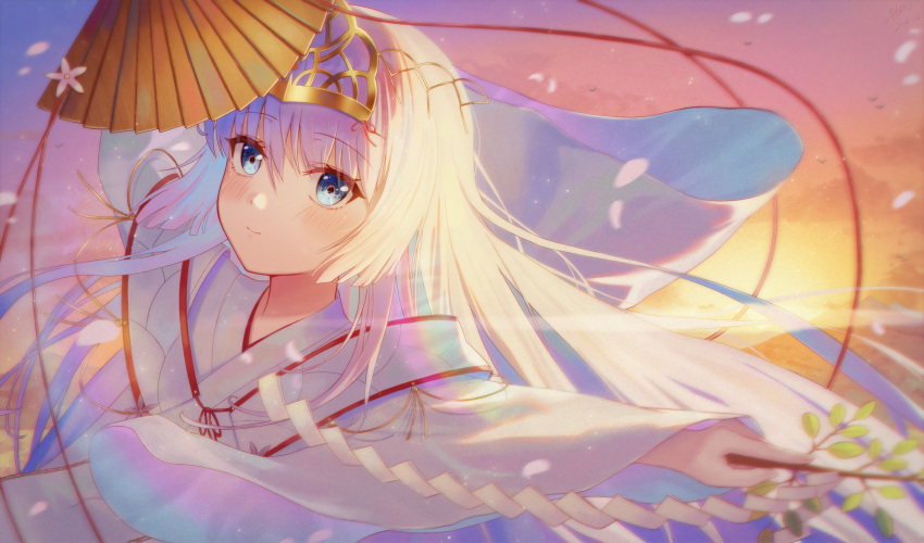 1girl, alternate_costume, blush, branch, closed_mouth, commentary_request, dancing, evening