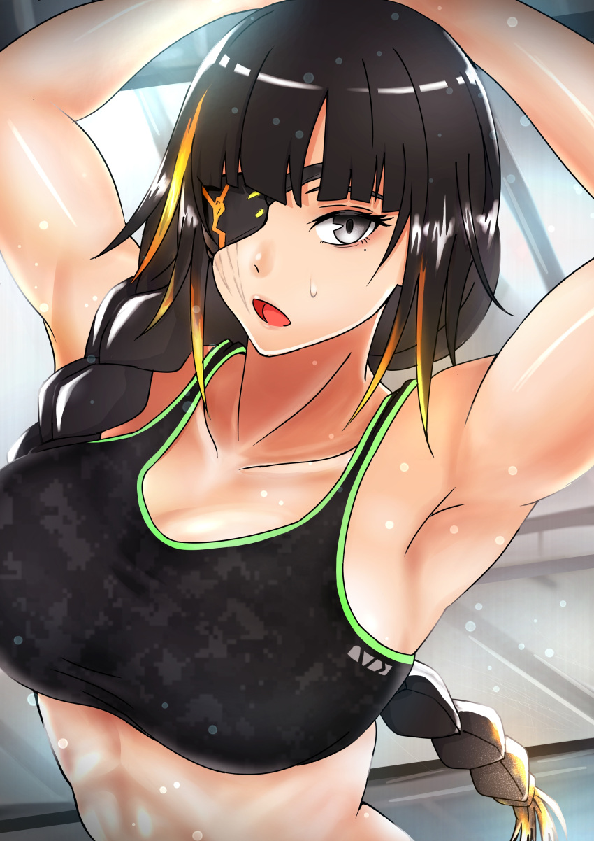 absurdres, arms_up, black_sports_bra, blunt_bangs, braid, breasts, brown_hair, eyepatch