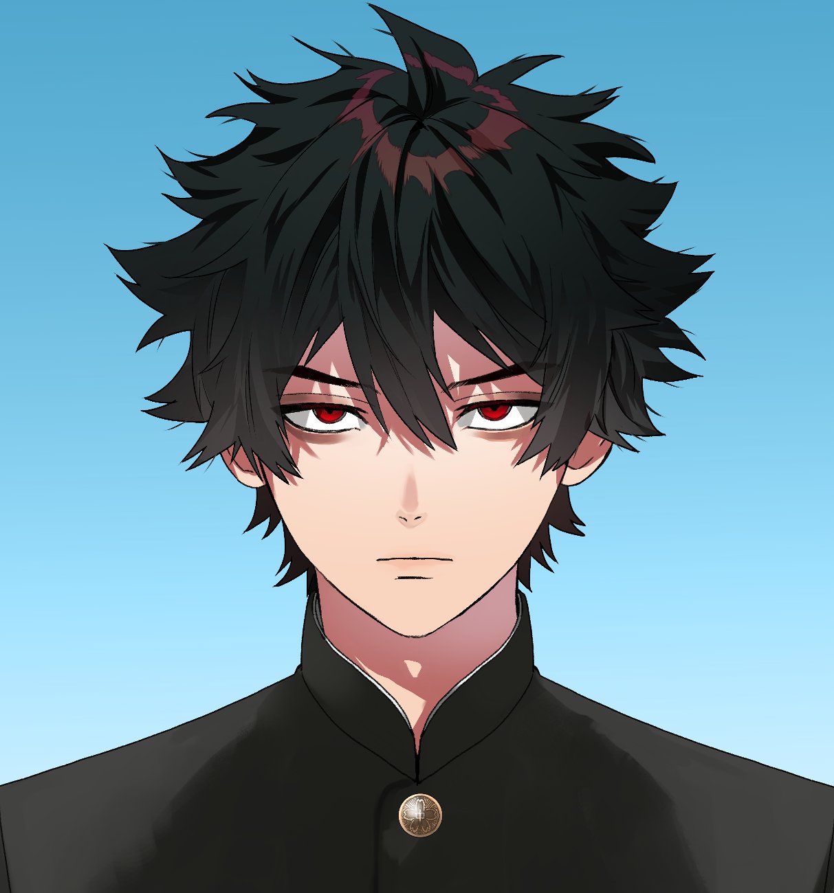 1boy, black_hair, blue_background, closed_mouth, expressionless, gakuran, gradient_background, hair_between_eyes