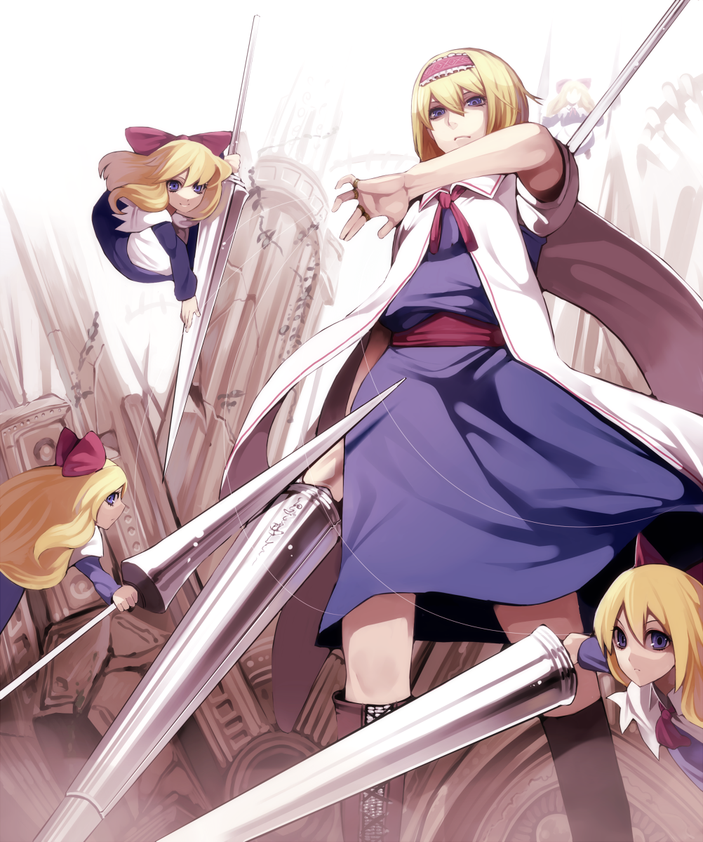alice_margatroid, blonde_hair, blue_eyes, boots, capelet, cross-laced_footwear, doll, hairband