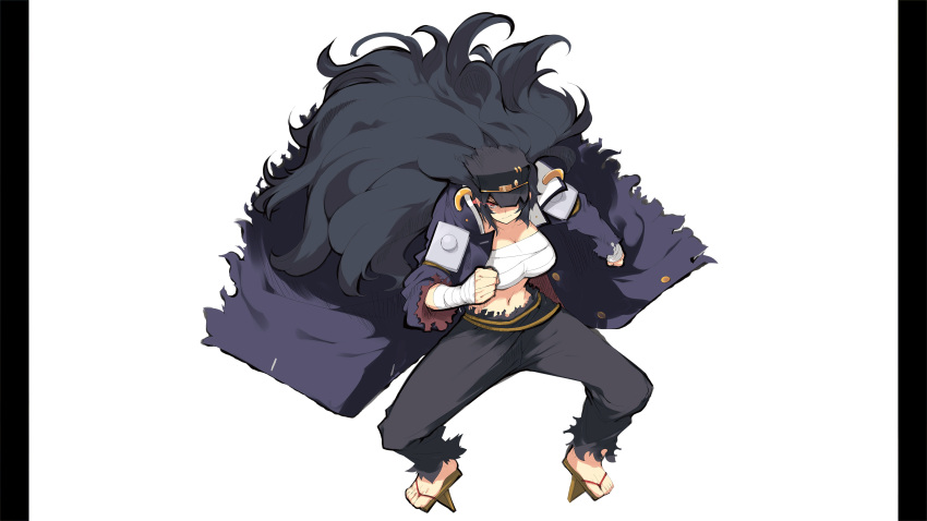 1girl, absurdres, arm_wrap, banchou, black_hair, black_hat, black_pants, blue_jacket