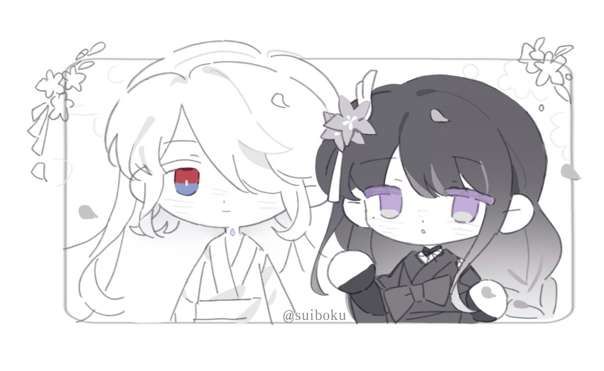 1boy, 1girl, artist_name, blue_eyes, blunt_bangs, braid, bridal_gauntlets, chibi