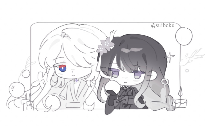 1boy, 1girl, artist_name, blue_eyes, blunt_bangs, braid, bridal_gauntlets, chibi