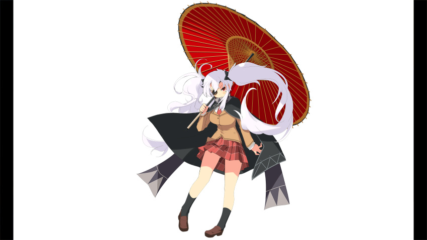 1girl, absurdres, black_cape, black_socks, breasts, brown_jacket, brown_shoes, cape