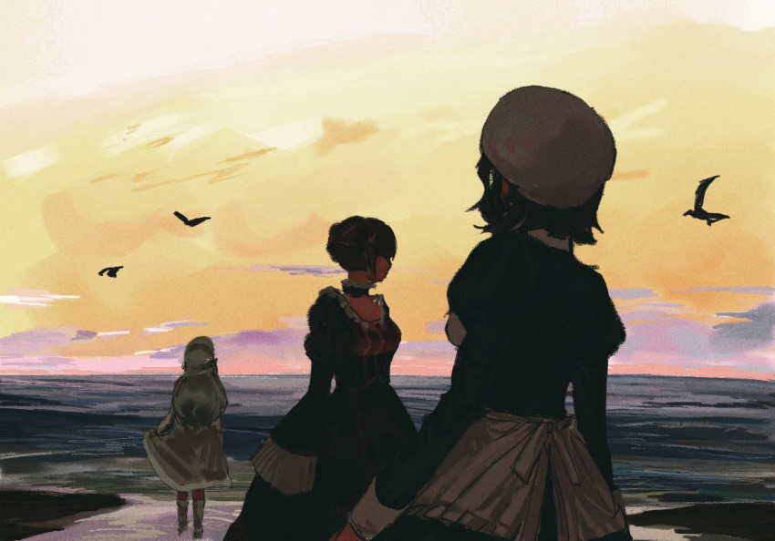 1other, 2girls, ashashio, beatrice_(umineko), bird, bow, brown_hair, choker, clair_vaux_bernardus, clouds, dress, facing_away, formal_clothes, frills, green_hair, hat, highres, long_hair, looking_at_another, medium_hair, multiple_girls, ocean, seagull, shannon_(umineko), spoilers, standing, symbolism, twilight, umineko_no_naku_koro_ni, yasu_(umineko)