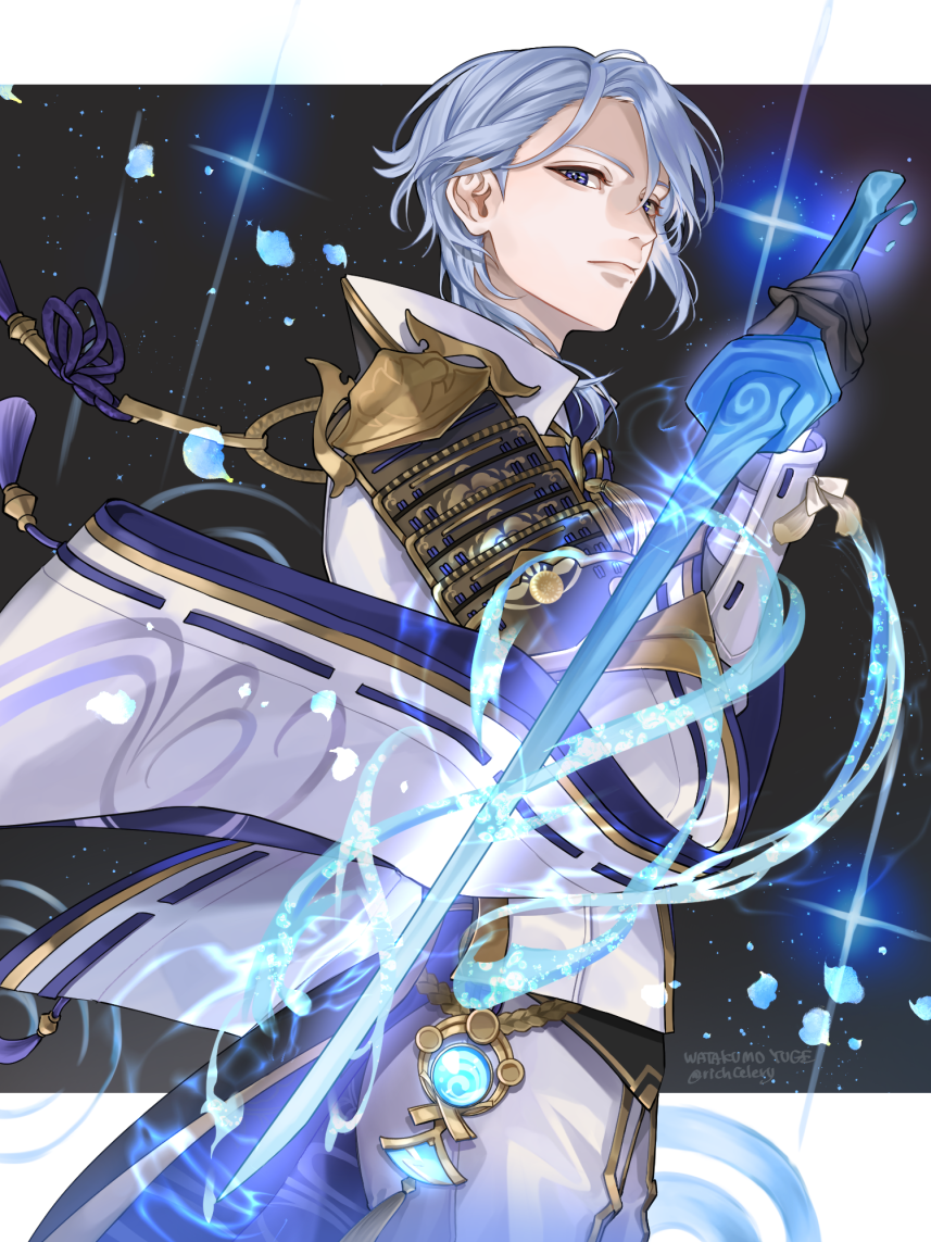 1boy, almightyx124, arm_guards, armor, black_armor, black_gloves, blue_hair, blue_petals