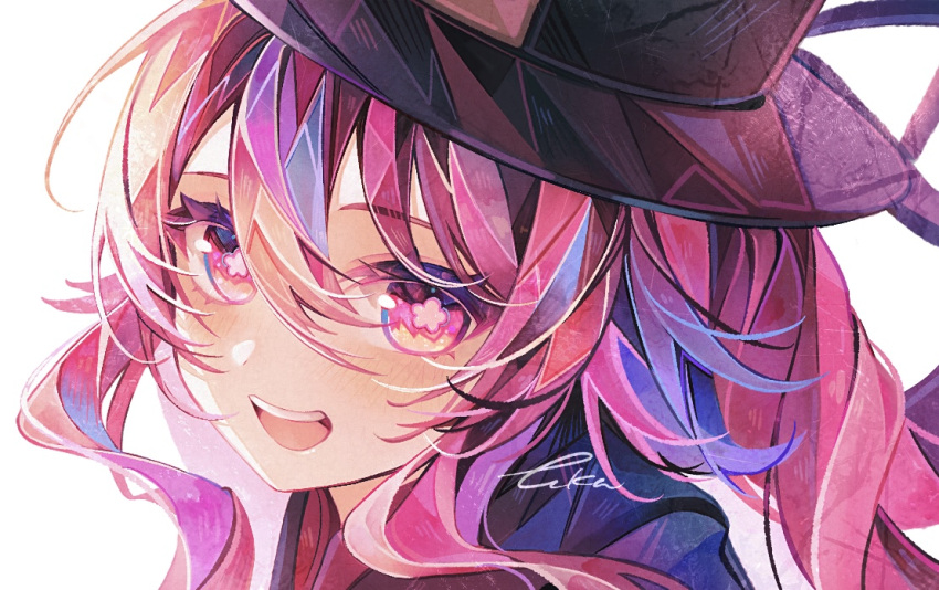 1girl, :d, black_hat, blush, floating_hair, genshin_impact, hat, hu_tao_(genshin_impact), long_hair, looking_at_viewer, pink_eyes, pink_hair, portrait, signature, smile, solo, symbol-shaped_pupils, touka_(pixiv71609120)