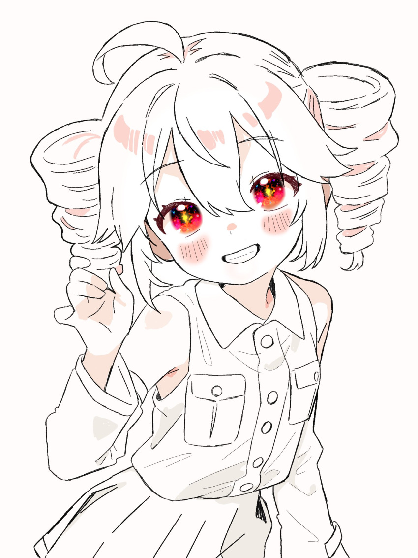 1girl, ahoge, blush, breast_pocket, buttons, collared_shirt, detached_sleeves, drill_hair