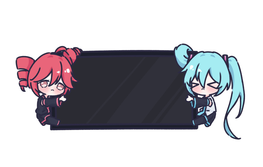 >_<, 2girls, absurdres, aqua_hair, black_shirt, black_skirt, chibi, chibi_only