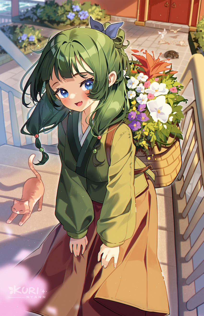 1girl, :d, aoqun, backpack_basket, blue_bow, blue_eyes, blurry, blurry_background