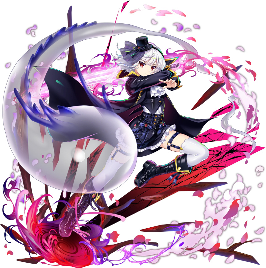 1girl, alternate_costume, arm_across_neck, arms_across_body, ascot, black_bow, black_coat, black_hairband, black_skirt, boots, bow, closed_mouth, coat, falling_petals, frilled_skirt, frills, full_body, game_cg, garter_straps, hairband, hat, hat_bow, highres, hitodama, holding, holding_over_opposite_shoulder, holding_sword, holding_weapon, knee_boots, konpaku_youmu, konpaku_youmu_(ghost), lace-up_boots, looking_at_viewer, mini_hat, mini_top_hat, official_art, open_clothes, open_coat, petals, red_eyes, red_petals, rotte_(1109), skirt, solo, sword, thigh-highs, thigh_strap, third-party_source, top_hat, touhou, touhou_lostword, transparent_background, weapon, white_ascot, white_hair, white_thighhighs