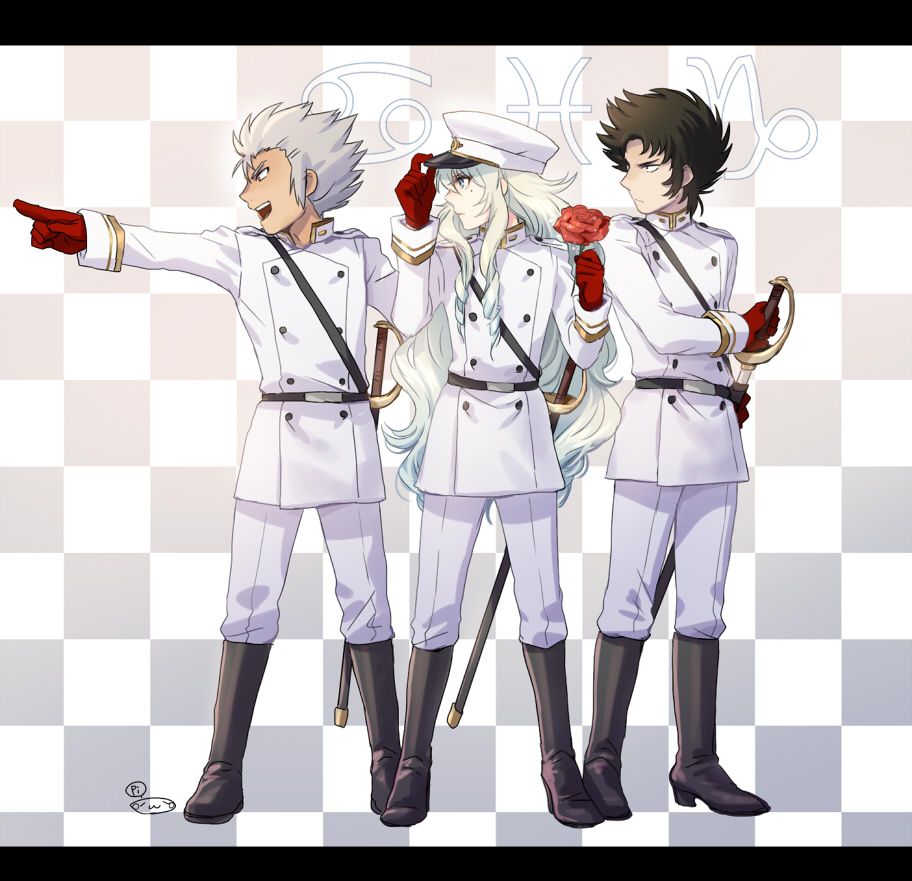 3boys, adjusting_clothes, adjusting_headwear, alternate_costume, belt, black_belt, black_boots, black_hair