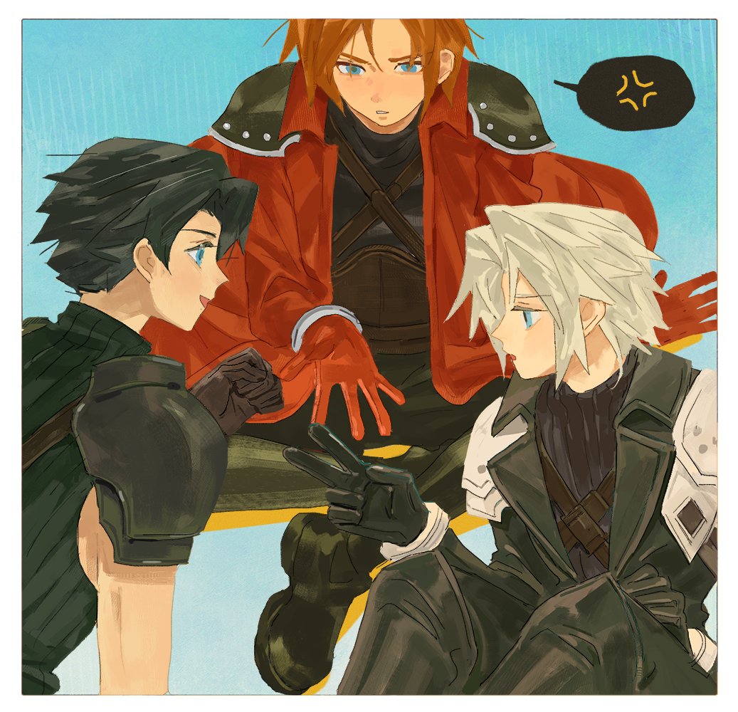 3boys, aged_down, angeal_hewley, anger_vein, annoyed, arm_support, armor, audreychen, black_boots, black_hair, black_sweater, blue_background, blue_eyes, boots, brown_gloves, chest_strap, clenched_hand, coat, commentary, crossed_legs, final_fantasy, final_fantasy_vii, final_fantasy_vii_ever_crisis, genesis_rhapsodos, gloves, grey_hair, hand_up, hashtag-only_commentary, knee_boots, knees_up, leaning_forward, looking_at_another, male_focus, multiple_boys, open_mouth, parted_bangs, pauldrons, red_coat, red_gloves, rock_paper_scissors, sephiroth, sephiroth_(ever_crisis), shadow, short_hair, shoulder_armor, sitting, sleeveless, sleeveless_sweater, sleeveless_turtleneck, smile, spoken_anger_vein, sweater, turtleneck, turtleneck_sweater