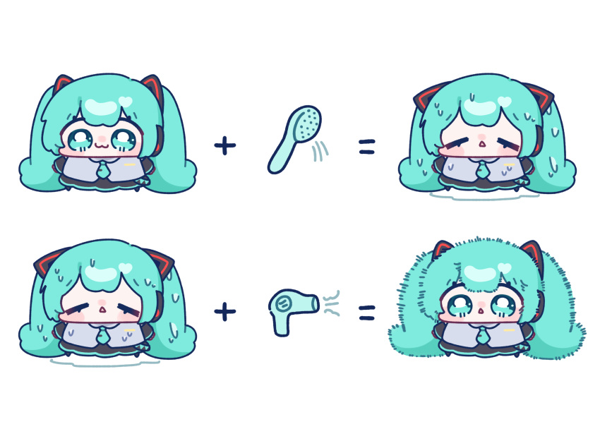 aqua_eyes, aqua_hair, blue_eyes, blue_hair, chibi, hair_between_eyes, hair_dryer, hair_ornament