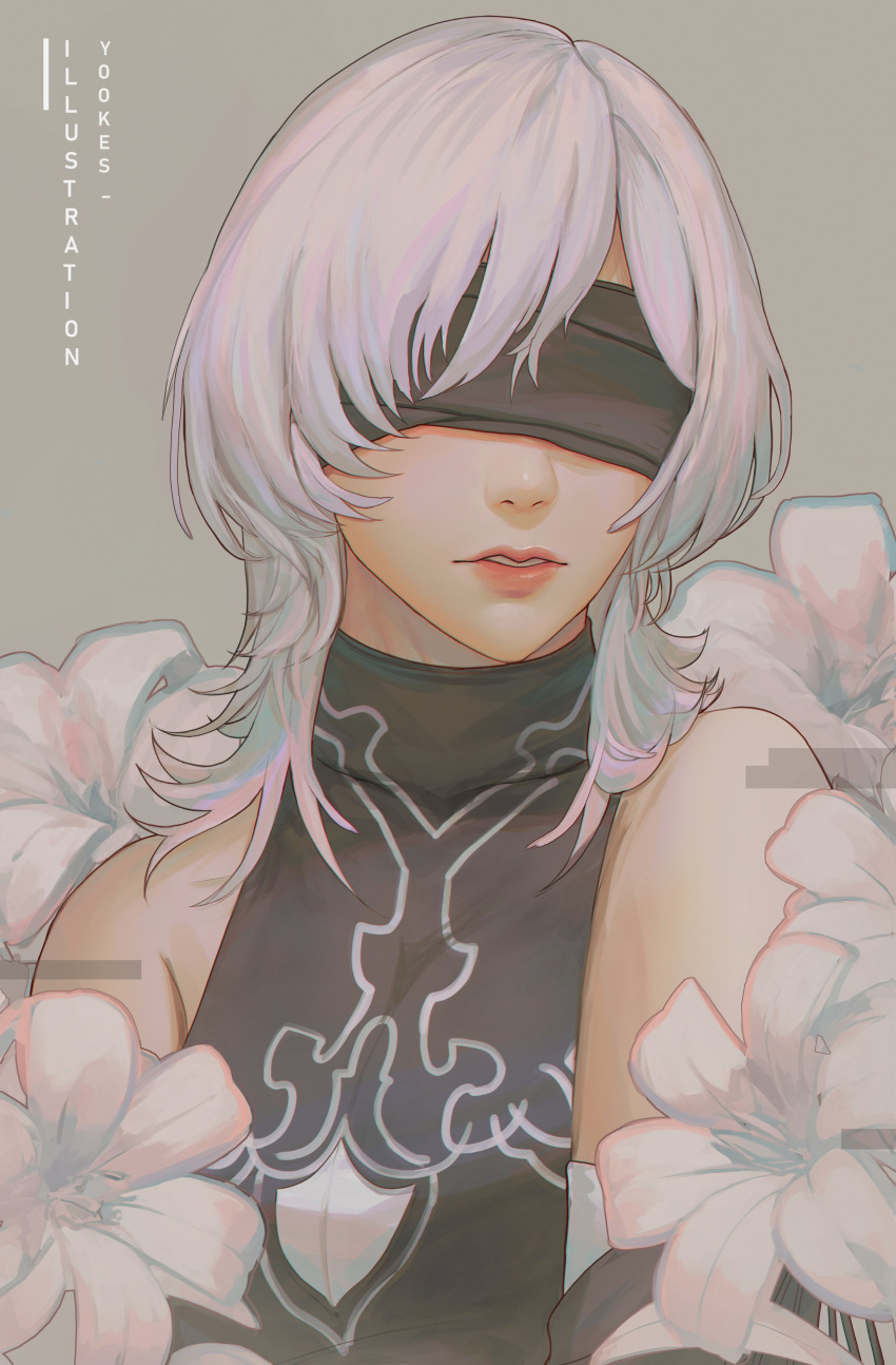 10h_(nier_reincarnation), 1girl, absurdres, artist_name, bare_shoulders, black_blindfold, black_dress, blindfold, commentary, covered_collarbone, dress, english_commentary, flower, grey_background, highres, lips, long_hair, lunar_tear, nier_(series), nier_reincarnation, parted_lips, simple_background, sleeveless, sleeveless_dress, solo, upper_body, white_flower, white_hair, yuki_lu
