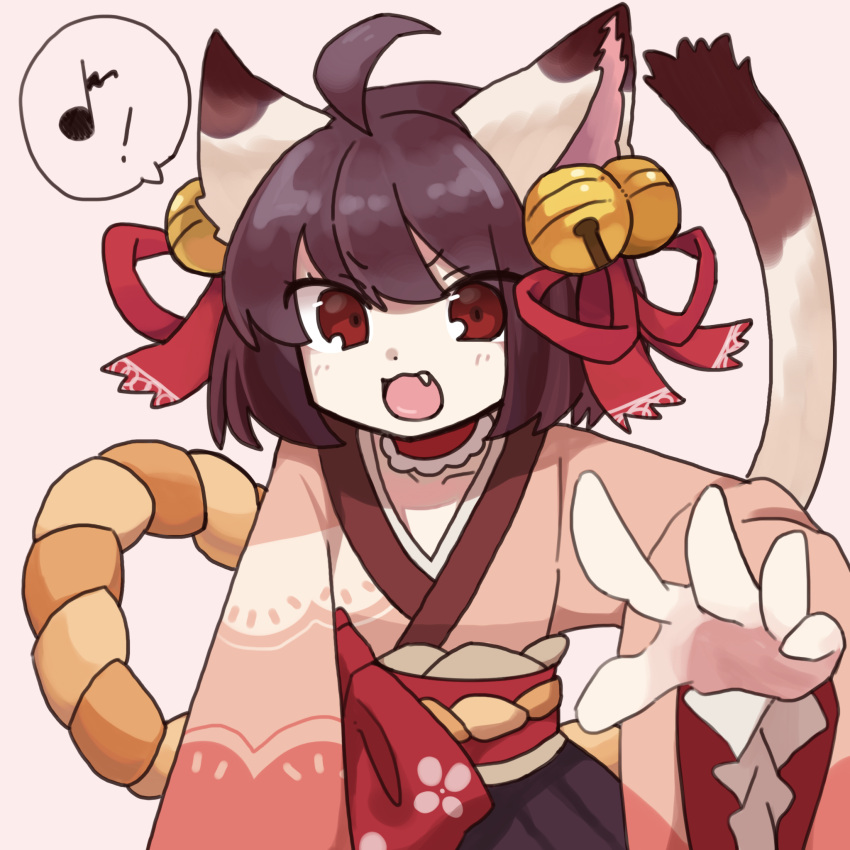 1girl, ahoge, animal_ears, bell, brown_hair, cat_ears, cat_girl, cat_tail, commentary_request, fang, hair_bell, hair_ornament, hair_ribbon, highres, hrouzhe, ichihime, japanese_clothes, jingle_bell, kimono, long_sleeves, looking_at_viewer, mahjong_soul, musical_note, obi, open_mouth, pink_kimono, reaching, reaching_towards_viewer, red_eyes, red_ribbon, red_sash, ribbon, sash, short_hair, smile, solo, spoken_musical_note, tail, upper_body, v-shaped_eyebrows, wide_sleeves