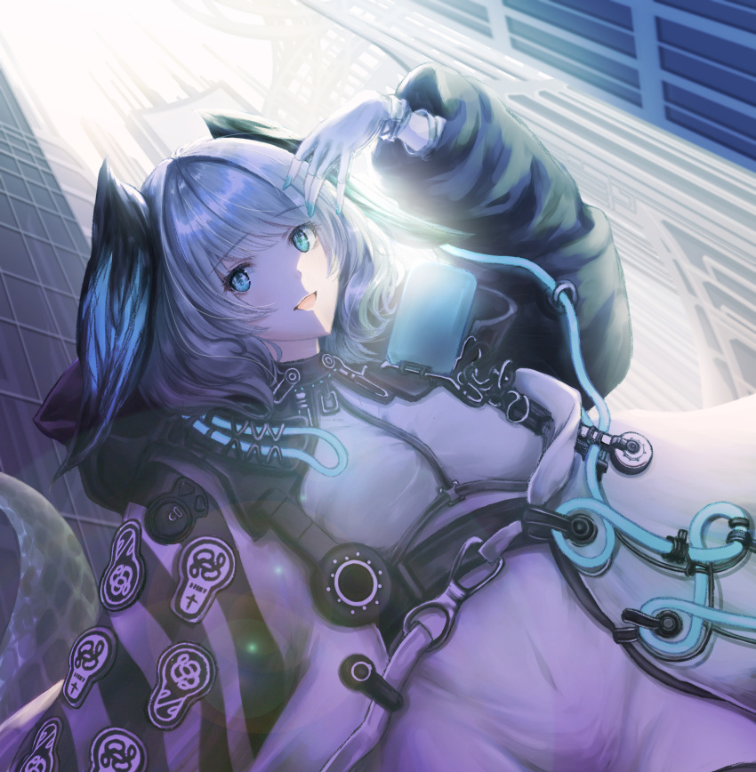 1girl, absurdres, aqua_eyes, arknights, arm_up, between_breasts, breasts, coat