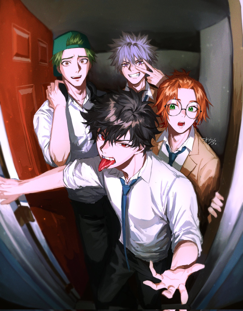 4boys, artist_name, backwards_hat, black_hair, black_pants, blue_necktie, brown_eyes, cross_scar