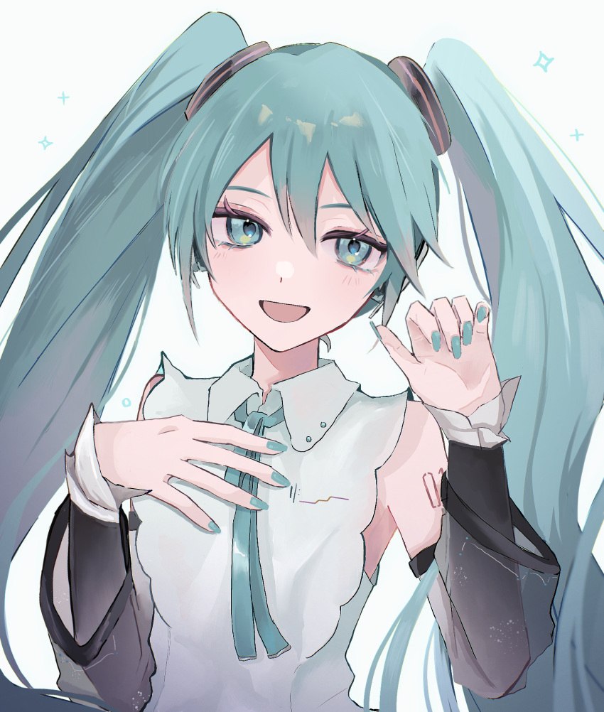 1girl, :d, aqua_eyes, aqua_hair, aqua_nails, aqua_ribbon, bare_shoulders, black_sleeves