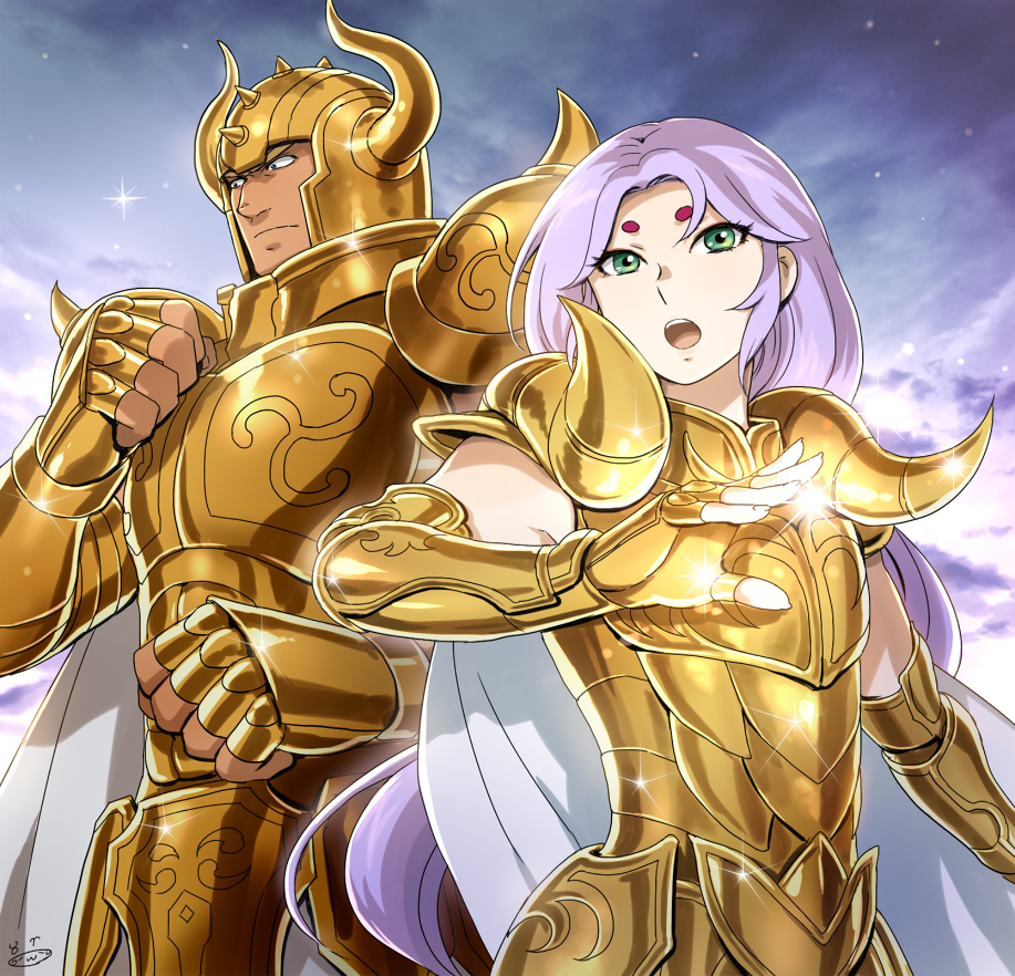 2boys, aries_muu, armor, cape, clenched_hands, clouds, cloudy_sky, dark-skinned_male