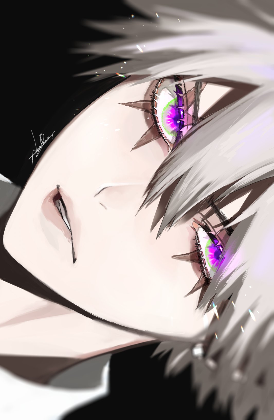 1boy, black_background, cross_scar, green_eyes, hair_between_eyes, highres, kanzaki_kaoru, looking_at_viewer