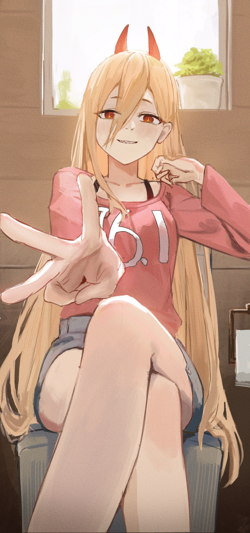 1girl, absurdres, blonde_hair, blush, chainsaw_man, crossed_legs, demon_girl, demon_horns