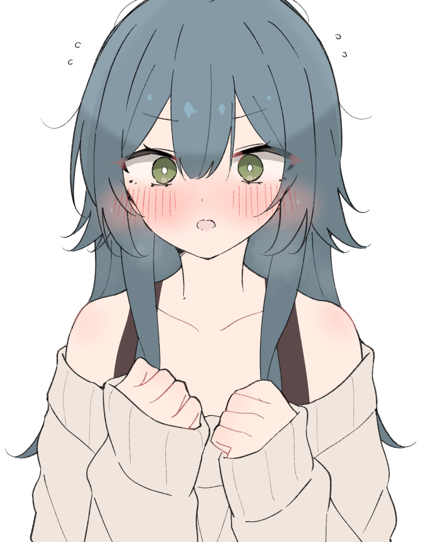 1girl, :o, bright_pupils, clenched_hands, collarbone, commentary_request, flying_sweatdrops, gakuen_idolmaster