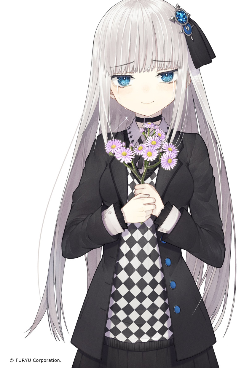 1girl, black_choker, black_jacket, blue_eyes, blue_gemstone, blunt_bangs, blush, buttons
