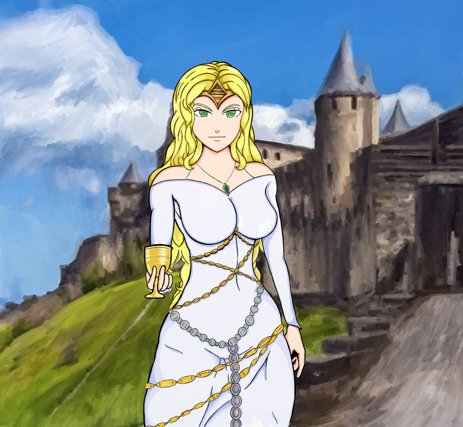 bad_deviantart_id, bad_id, blonde_hair, bretonnia, castle, chalice, clouds, cup, dogkacique, dress, field, gold_jewelry, green_eyes, holy_grail_(warhammer), jewelry, long_sleeves, morgiana_le_fay_(warhammer), necklace, silver_jewelry, warhammer_fantasy, white_dress