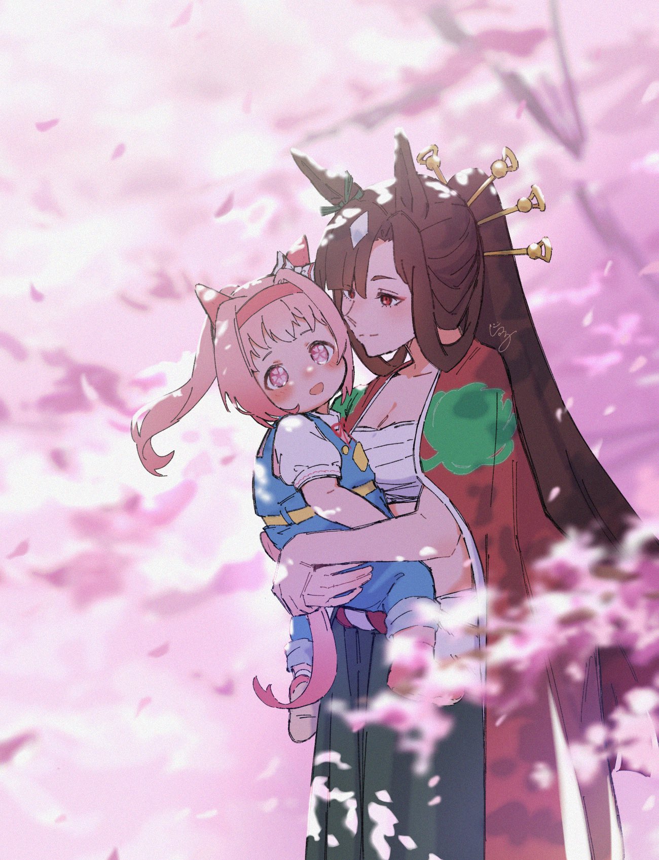 2girls, aged_down, akitsu_teio_(umamusume), animal_ears, blush, bow, brown_hair, cherry_blossoms, chest_sarashi, commentary_request, ear_bow, ear_covers, ear_ribbon, eyeshadow, flower-shaped_pupils, green_ribbon, haru_urara_(umamusume), headband, highres, horse_ears, horse_girl, horse_tail, kimono_on_shoulders, kouhaku_nawa, long_hair, makeup, multicolored_hair, multiple_girls, open_mouth, outdoors, overalls, pink_eyes, pink_hair, pink_headband, ponytail, red_eyes, red_eyeshadow, ribbon, rope, sarashi, shimenawa, shirasu_(ewokakushirasu), streaked_hair, symbol-shaped_pupils, symbol_in_eye, tail, umamusume, umamusume:_cinderella_gray, white_hair