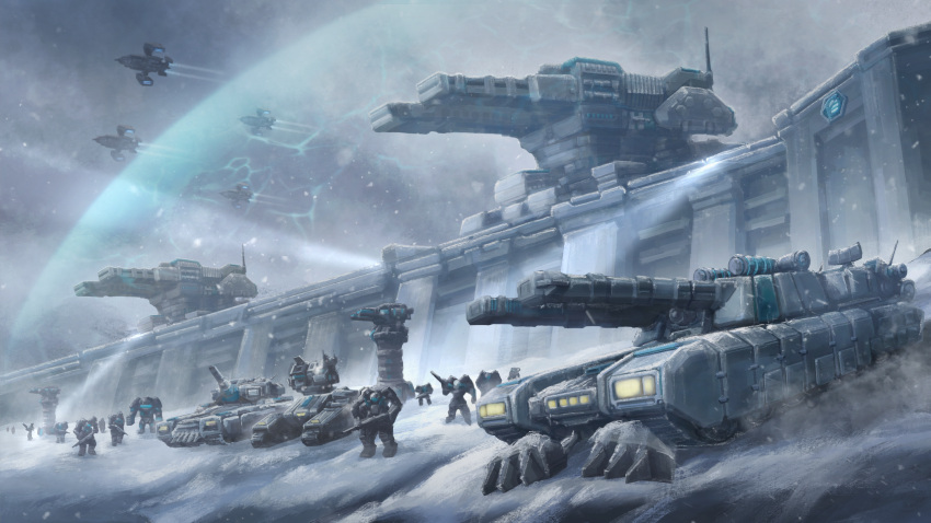 alaska, armor, army, bison_tank, cannon, caterpillar_tracks, clouds, cloudy_sky, command_&amp;_conquer, command_&amp;_conquer:_red_alert, command_&amp;_conquer:_red_alert_2, condor_gunship, cqdym, energy_barrier, energy_dome, energy_shield, foehn_revolt, foehn_revolt_symbol, fortress, giantsbane, grey_sky, highres, knightframe, last_bastion, machine, machinery, mastodon_tank, mental_omega_(mod), military, military_vehicle, motor_vehicle, multiple_boys, official_art, official_wallpaper, plasmerizer, power_armor, railgun, railgun_tower, search_light, sky, snow, snowing, soldier, spotlight, tank, tank_turret, teratorn, winter