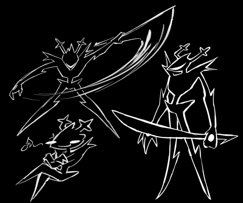 1other, blush_stickers, commentary, deltarune, english_commentary, goomyloid, greyscale, holding, holding_sword, holding_weapon, horns, monochrome, multiple_views, roaring_knight, spoilers, sword, weapon