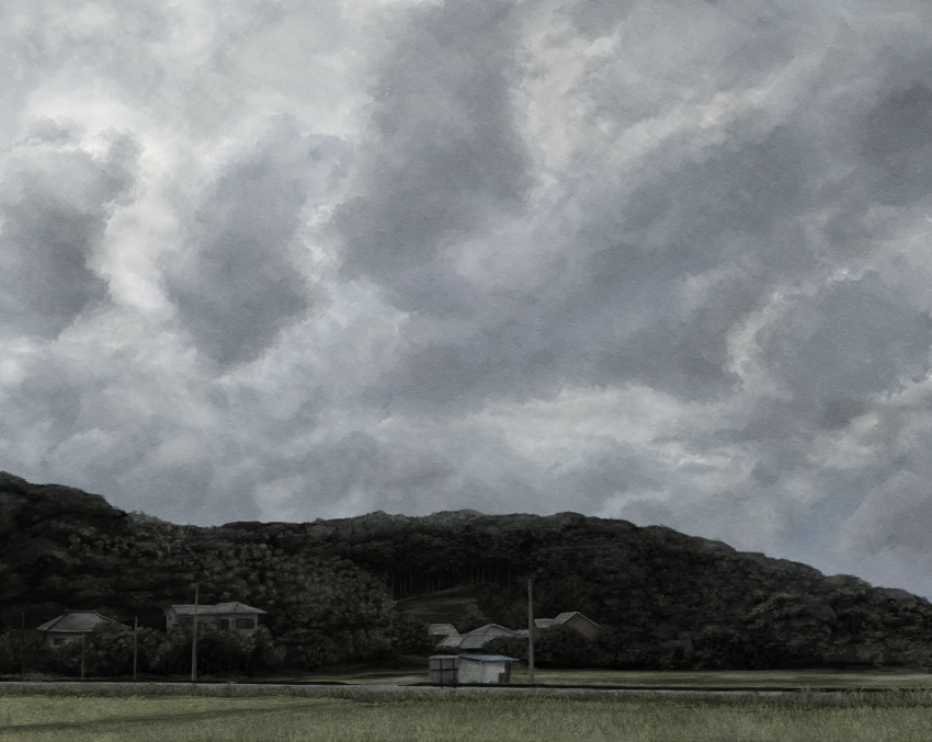 absurdres, akebonobashi_(artist), clouds, cloudy_sky, commentary_request, dark_clouds, dated_commentary, forest, highres, hill, house, mountain, nature, no_humans, original, outdoors, rice_paddy, scenery, sky, tagme, wide_shot