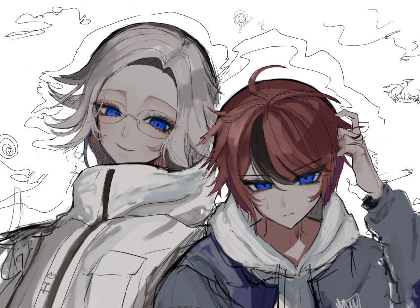 2boys, ahoge, aotsuki_eito, arm_up, black_streaks, blue_eyes, doodle_inset, glasses