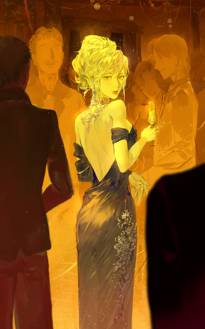 2girls, 3boys, absurdres, alcohol, back, backless_dress, backless_outfit, blue_dress, blue_eyes, bo'abi, champagne, champagne_flute, crowd, cup, dress, drinking_glass, earrings, eternity_(reverse:1999), evening_gown, from_behind, hand_up, highres, holding, holding_cup, jellyfish_earrings, jewelry, long_dress, looking_at_viewer, looking_back, medium_hair, multiple_boys, multiple_girls, necklace, off-shoulder_dress, off_shoulder, people, ponytail, reverse:1999, solo_focus, turning_head, white_hair, yellow_theme