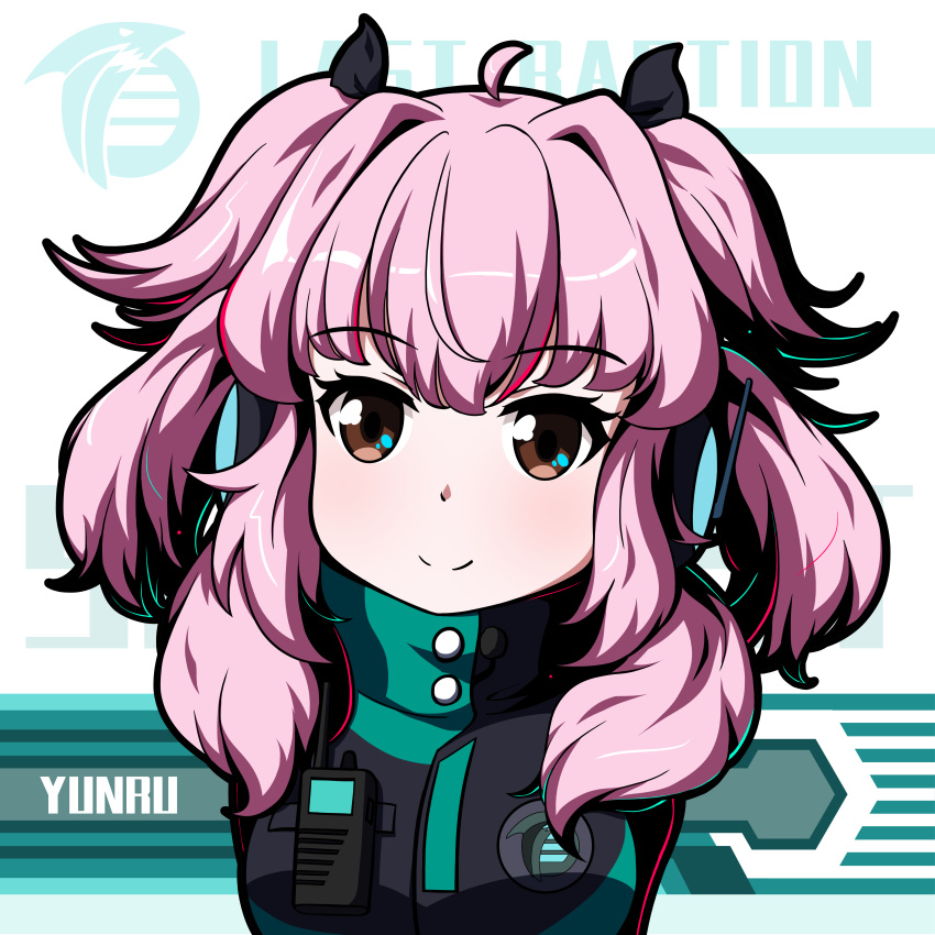1girl, 51qu_de_yeying, absurdres, ahoge, arms_behind_back, black_coat, black_ribbon, blush, breasts, brown_eyes, button-down_collar, character_name, coat, command_&amp;_conquer, command_&amp;_conquer:_red_alert, command_&amp;_conquer:_red_alert_2, english_text, foehn_revolt, hair_intakes, hair_ribbon, headphones, high_collar, highres, last_bastion, medium_hair, mental_omega_(mod), military, military_uniform, multi-tied_hair, pink_hair, ribbon, sidelocks, small_breasts, smile, solo, upper_body, walkie-talkie, yunru_(mental_omega)