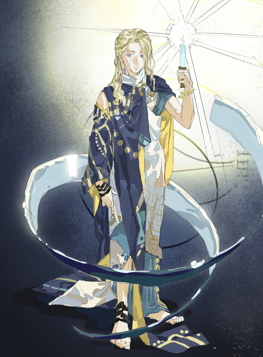 1boy, 6_(reverse:1999), barefoot, blonde_hair, blue_eyes, blue_robe, bo'abi, candle, candlestand, closed_mouth, dark_background, fire, full_body, hand_up, highres, holding_candlestand, long_hair, looking_at_viewer, male_focus, procreate_(medium), reverse:1999, robe, solo