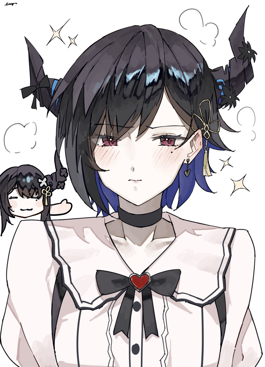 1boy, 1girl, absurdres, asymmetrical_horns, black_hair, blue_hair, breasts, brother_and_sister