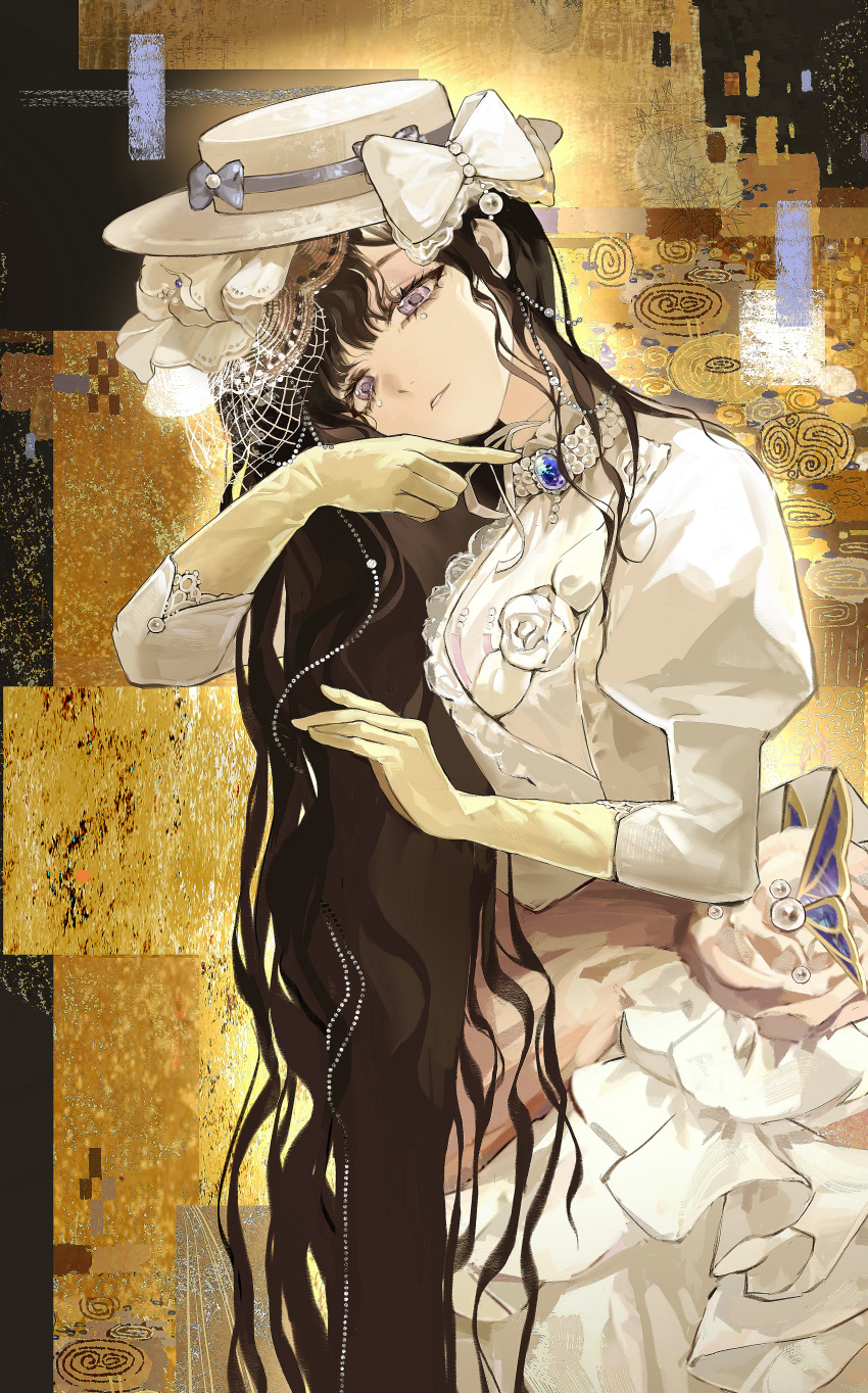 1girl, absurdres, black_hair, bow, cropped, dress, gloves, gown