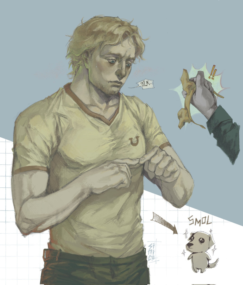 !, !!, 1boy, arrow_(symbol), beard_stubble, belt, blonde_hair, blue_eyes, blush, chibi, curly_(mouthwashing), curly_(pre-crash)_(mouthwashing), curly_hair, dog, dog_ear_hairband, english_text, facial_hair, finger_touching, green_sleeves, grid_background, highres, holding, horseshoe_print, looking_at_object, male_focus, mouthwashing, muscular, muscular_male, out_of_frame, pleading_eyes, shirt, short_hair, solo, sparkle, speech_bubble, stubble, sweatdrop, tomtit_bird, toned, toned_male, two-tone_background, upper_body, yellow_shirt