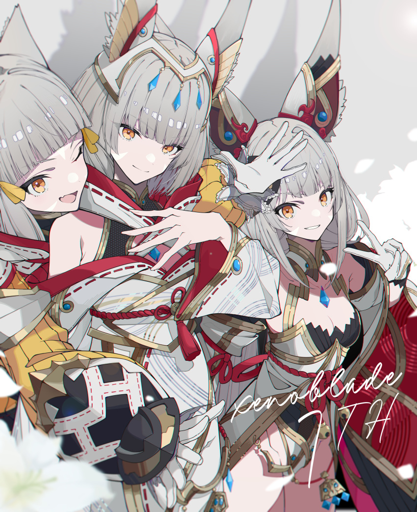 3girls, absurdres, animal_ears, anniversary, cat_ears, chest_jewel, core_crystal_(xenoblade), dress, fang, grey_hair, gugugu_official, hand_on_own_chest, highres, japanese_clothes, jumpsuit, kitsune, long_hair, looking_at_viewer, multiple_girls, nia_(blade)_(xenoblade), nia_(xenoblade), one_eye_closed, robe, short_hair, sleeveless, sleeveless_dress, turtleneck, turtleneck_dress, v, white_robe, xenoblade_chronicles_(series), xenoblade_chronicles_2, xenoblade_chronicles_3, yellow_eyes, yellow_jumpsuit