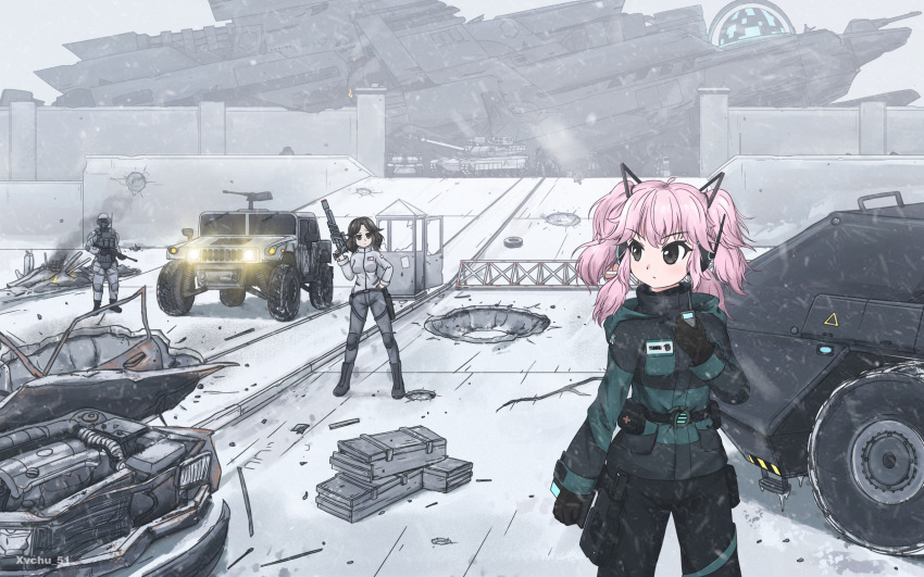 2girls, 51qu_de_yeying, alaska, american_flag, assault_rifle, barricade, battle, battlefield